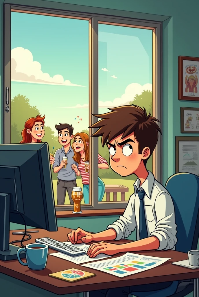 A cartoon of a age boy trader with a graph sitting and looking out the window at his friends who are drinking alcohol.