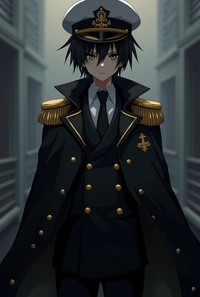 depressed  captain anime with a black and gold Black Captain Jacket with a white shirt inside and a black tie and gold captain hat the face is covered with shadow and the Black gold Captain's Cloak hanging on the back


