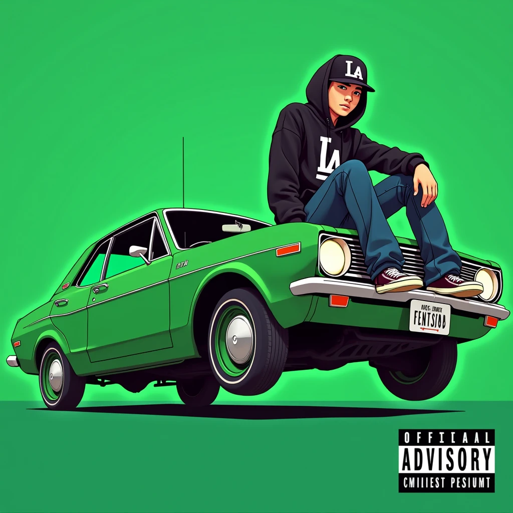 Image of a man sitting on the bonnet of a car, Yoshihiko Wada's album cover, winner of the behance contest, Doodle, official artwork, rap album cover, hip - hop album art cover, colored album art, hip hop music album cover, rap album cover art, official fanart, GTA Cover, hip hop album cover, album art cover, G-FUNK Hip Hop album cover, green background, green car, with the words 'If WONA behemes a gangster' on the back of the picture, an Asian teenager wearing a black LA hoodie, a black LA ball cap with a deep press and a wide pair of jeans down, a troublemaker boy sits on the bonnet of a car and lets the car out to the side