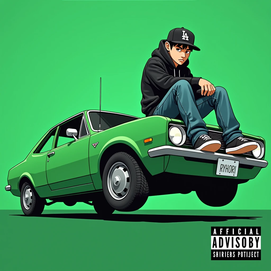 
Image of a man sitting on the bonnet of a car, Yoshihiko Wada&#39;s album cover, winner of the behance contest, Doodle, official artwork, rap album cover, hip - hop album art cover, colored album art, hip hop music album cover, rap album cover art, official fanart, GTA Cover, hip hop album cover, album art cover, G-FUNK Hip Hop album cover, green background, green car, with the words 'If WONA behemes a gangster' on the back of the picture, an Asian teenager wearing a black LA hoodie, a black LA ball cap with a deep press and a wide pair of jeans down, a troublemaker boy sits on the bonnet of a car and lets the car out to the side