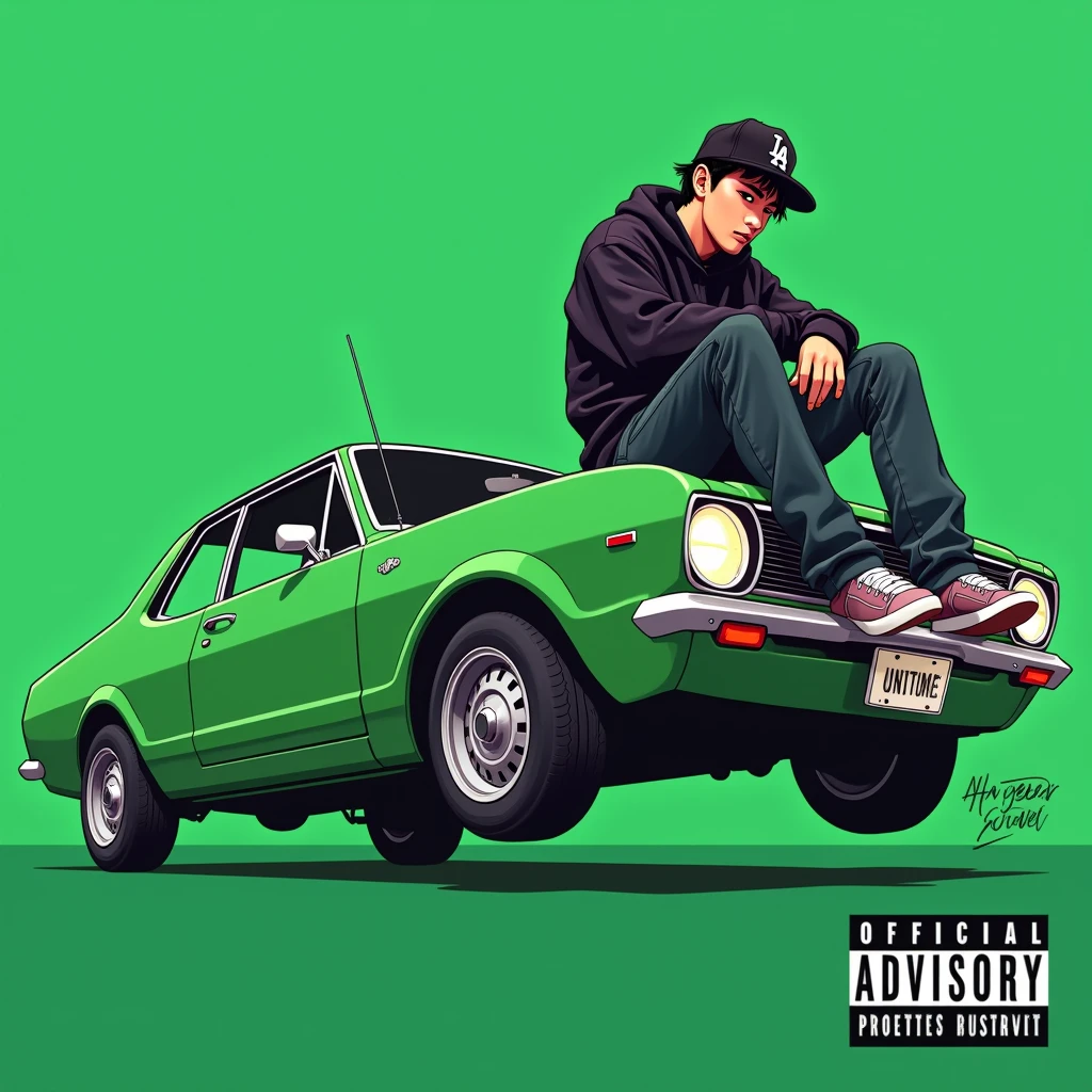 
Image of a man sitting on the bonnet of a car, Yoshihiko Wada&#39;s album cover, winner of the behance contest, Doodle, official artwork, rap album cover, hip - hop album art cover, colored album art, hip hop music album cover, rap album cover art, official fanart, GTA Cover, hip hop album cover, album art cover, G-FUNK Hip Hop album cover, green background, green car, with the words 'If WONA behemes a gangster' on the back of the picture, an Asian teenager wearing a black LA hoodie, a black LA ball cap with a deep press and a wide pair of jeans down, a troublemaker boy sits on the bonnet of a car and lets the car out to the side