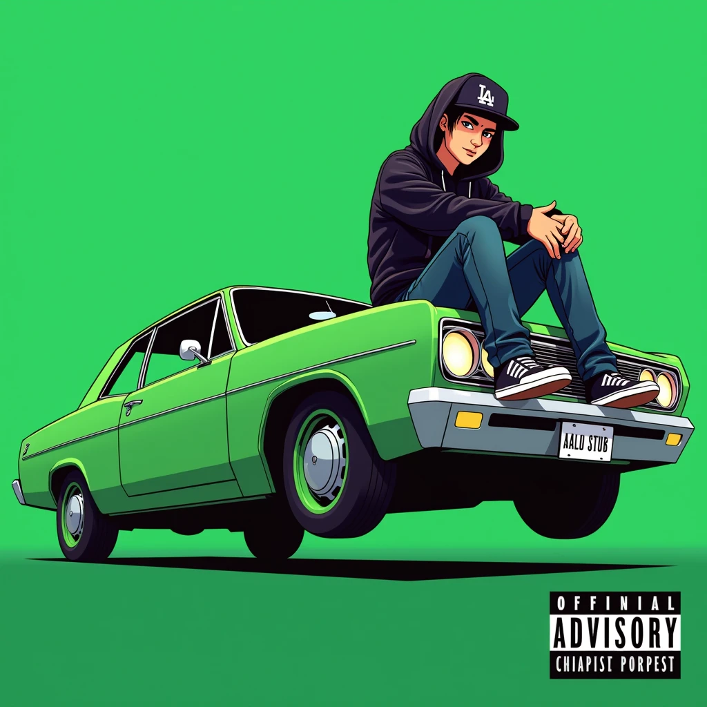 Image of a man sitting on the bonnet of a car, Yoshihiko Wada's album cover, winner of the behance contest, Doodle, official artwork, rap album cover, hip - hop album art cover, colored album art, hip hop music album cover, rap album cover art, official fanart, GTA Cover, hip hop album cover, album art cover, G-FUNK Hip Hop album cover, green background, green car, with the words 'If WONA behemes a gangster' on the back of the picture, an Asian teenager wearing a black LA hoodie, a black LA ball cap with a deep press and a wide pair of jeans down, a troublemaker boy sits on the bonnet of a car and lets the car out to the side