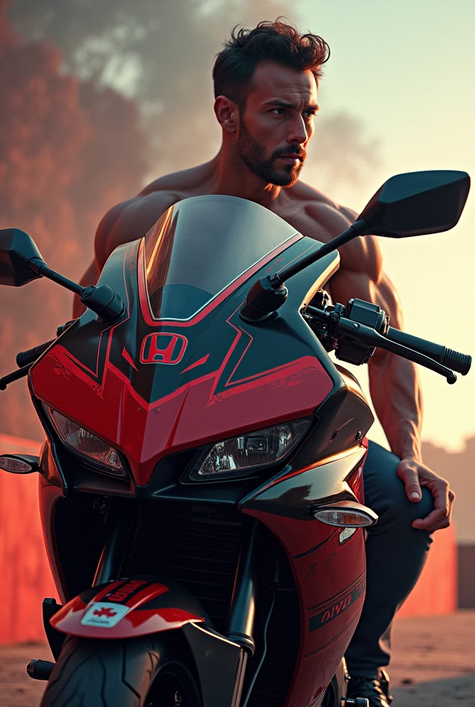 Image of a man with a large Honda motorbike logo