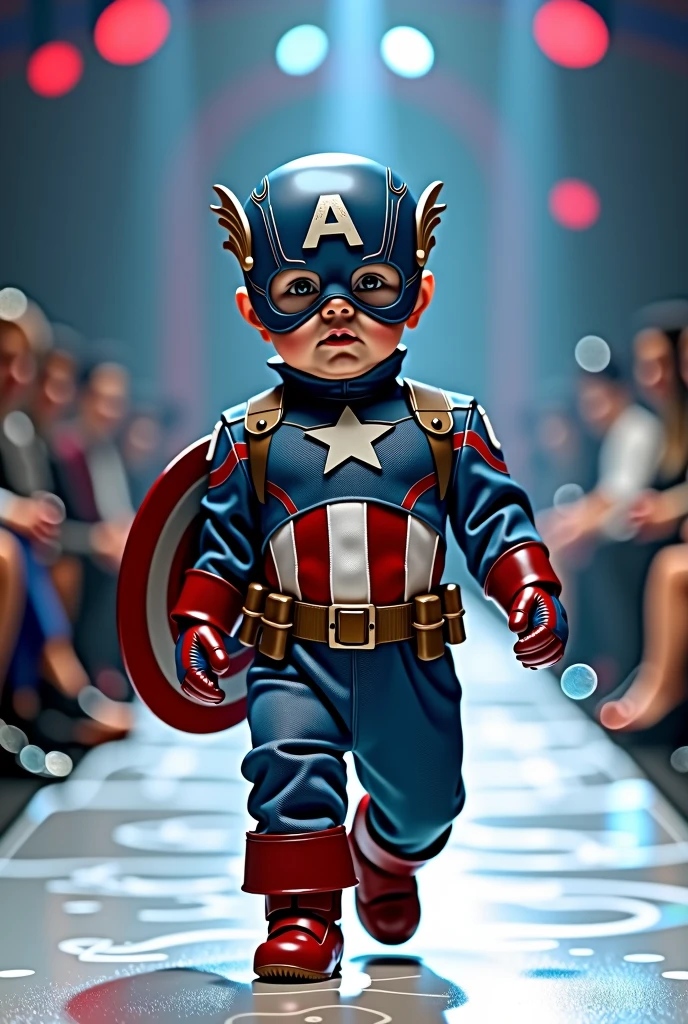 Cute baby dressed as Captain America in realistic full body fashion show