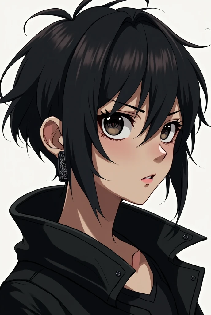anime styling/white woman drawing, Bullish, short black hair almost shaved, dark shaped eyes, ear plug