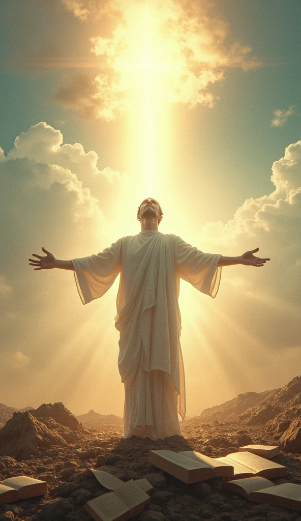 Under a vast, open sky, a solitary figure stands bathed in soft, divine light, arms outstretched toward the heavens. Surrounding them, the symbols of various religions—books, icons, and robes—lay gently at their feet, not discarded, but acknowledged. The figure's gaze is lifted upward, not toward any single symbol, but to the infinite sky above, symbolizing a direct, personal connection with the divine. The light that surrounds them is warm and encompassing, representing a love and belonging that transcends all human labels. In this moment, the figure embodies the pure essence of being a creation of God, connected directly to the source without intermediaries, in a profound and deeply personal relationship with the divine.