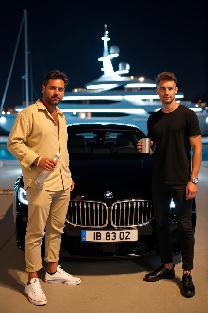 1. Location and Background:
- The photo is taken at night, likely at a marina or luxury dock area.
- In the background, there is a large yacht, brightly illuminated with modern, sleek lighting, creating a striking contrast with the night sky.
- The yacht's lights give off a sophisticated ambiance, reflecting on the water and highlighting the luxurious setting.
2. The Car:
- In the foreground, there's a sleek, black BMW sports car parked directly in front of the two men.
- The car has a glossy finish, which reflects the lights from the surrounding area, adding to its polished appearance.
- The car's front grille is prominently displayed, featuring the BMW logo in the center.
- The license plate is visible and reads "8302," with a European-style design, suggesting a possible location in Europe.
3. The Men:
- Man on the Left:
- He is standing to the left of the car, wearing a loose-fitting, light yellow or beige long-sleeve shirt, which is casually buttoned up.
- He pairs this with cropped beige or light tan pants that end just above his ankles.
- On his feet, he wears white, low-cut sneakers, which match the casual yet stylish look.
- His hair is medium length, slightly tousled, and he has a serious or neutral expression on his face.
- In his right hand, he holds a glass bottle tilted downward, pouring liquid (possibly milk) onto the ground.
- Man on the Right:
- He is standing to the right of the car, dressed in an all-black outfit, consisting of a fitted black t-shirt and skinny black pants.
- He is wearing black sneakers, completing the monochromatic look.
- His hair is slightly shorter than the man on the left, styled neatly.
- He has a more relaxed expression, perhaps with a hint of a smile.
- In his right hand, he holds a metallic or glass cup, also tilted downward, pouring liquid (again, possibly milk) onto the ground.
4. The Ground:
- The ground appears to be a smooth, paved su