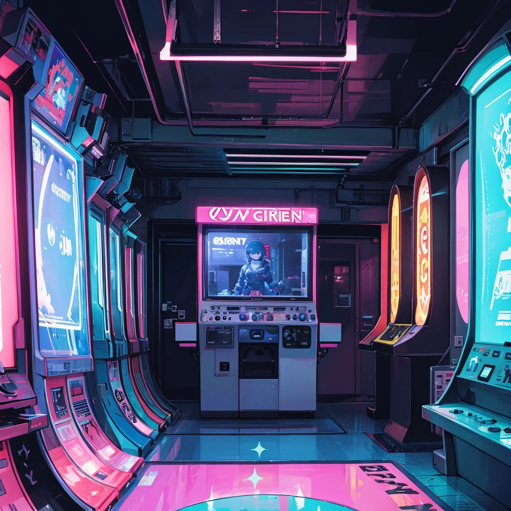 no person, arcade, video games, dark room, neon lights,