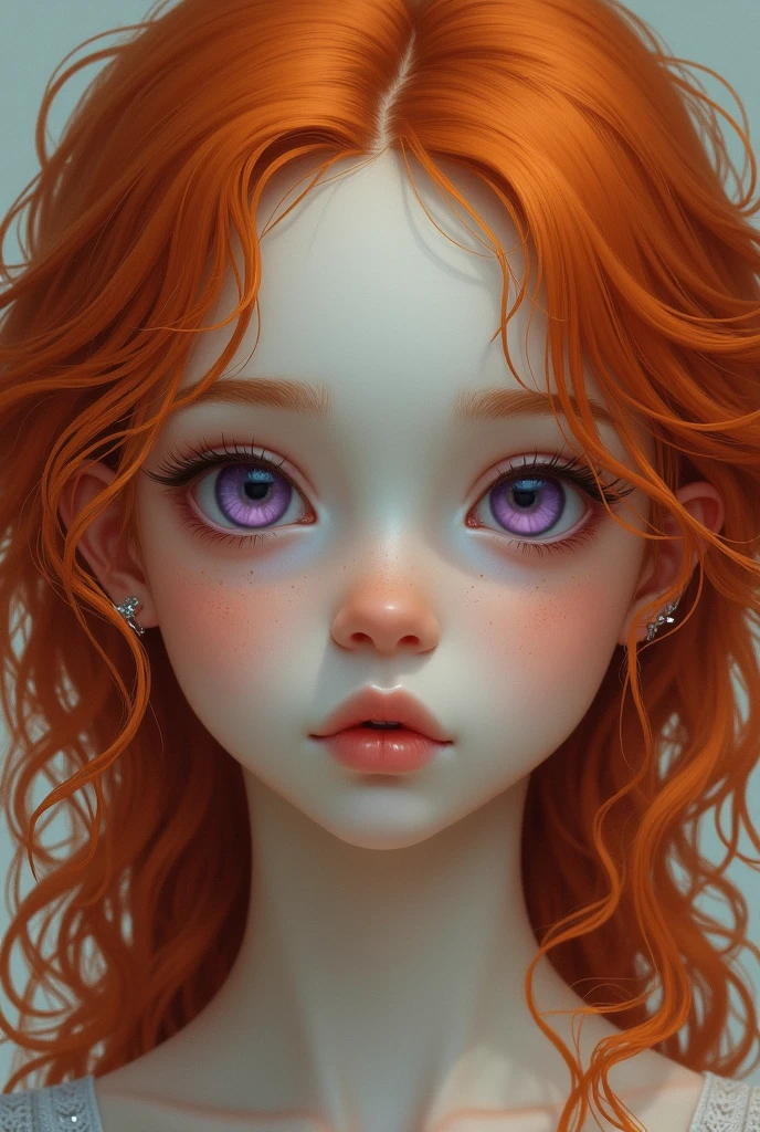 Young girl with pale skin, delicate features, small mouth with full lips, big violet eyes, thin eyebrows, with freckles all over her face and very curly, long, deep orange-red hair