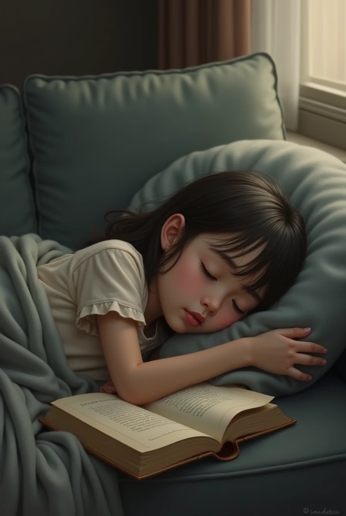 girl lying on his stomach sleeping on the couch with a book
