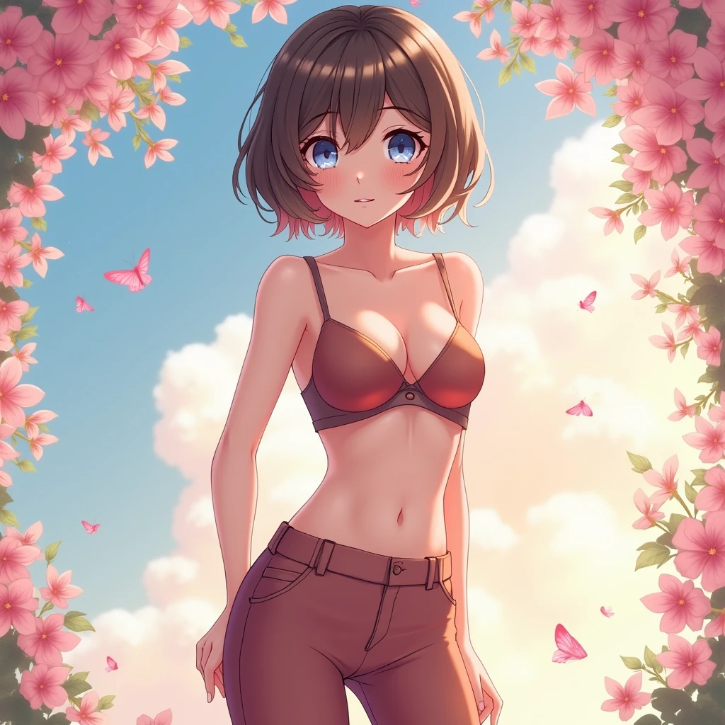 Femboy, Brown Bob Hair, Blue Eyes, Hot pants, crop top, flat chest, anime