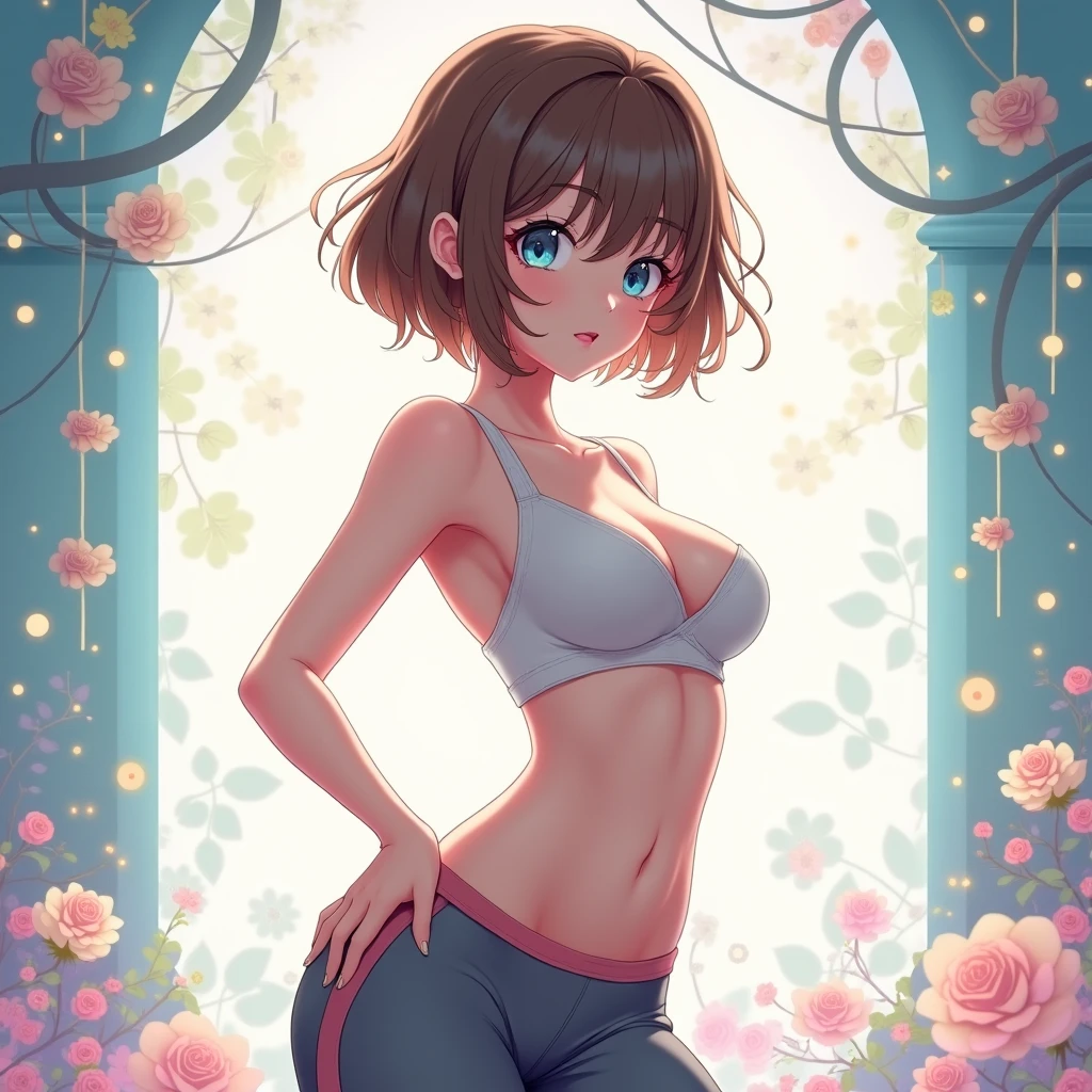 Femboy, Brown Bob Hair, Blue Eyes, Hot pants, crop top, flat chest, anime