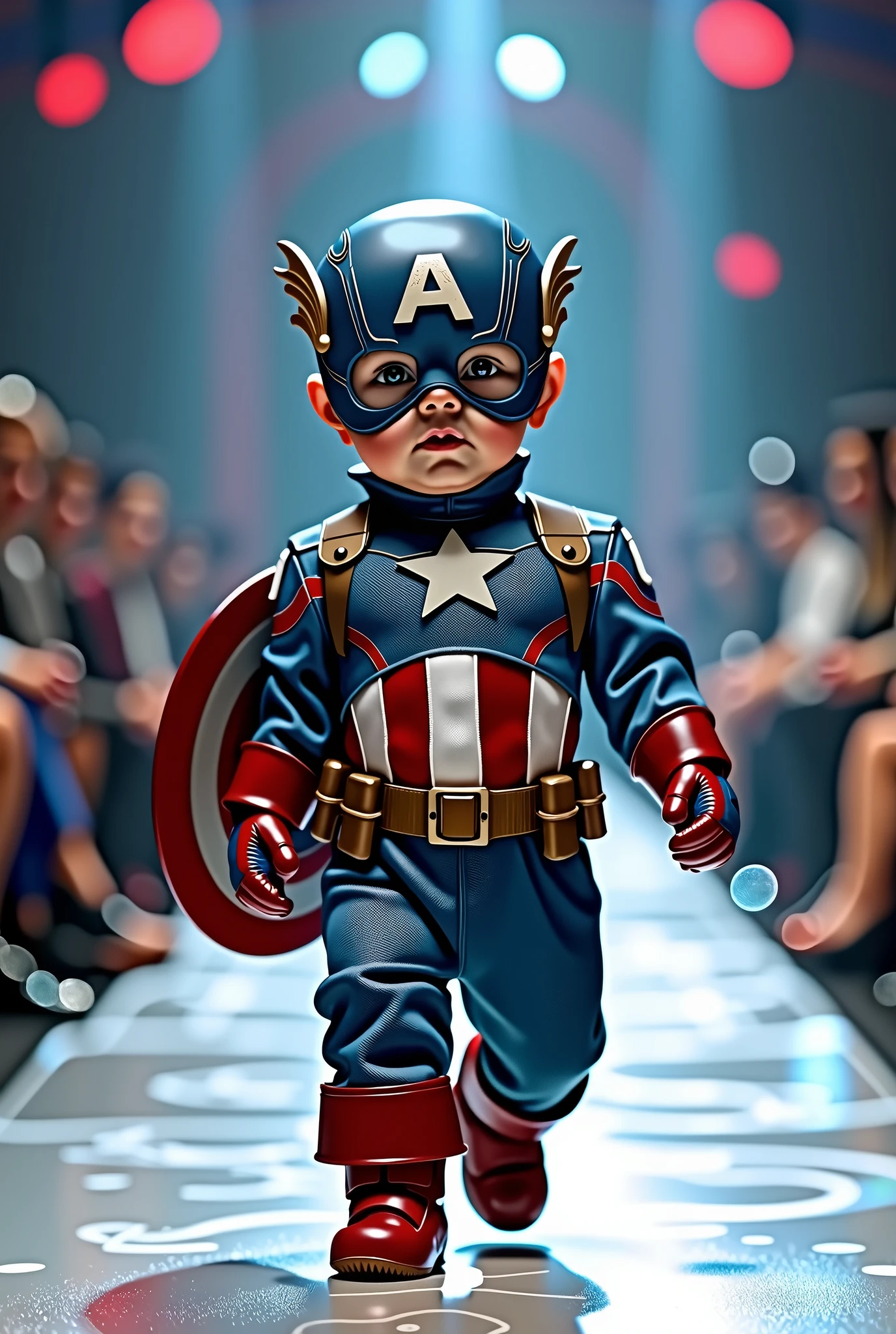 Cute  dressed as Captain America in realistic full body fashion show