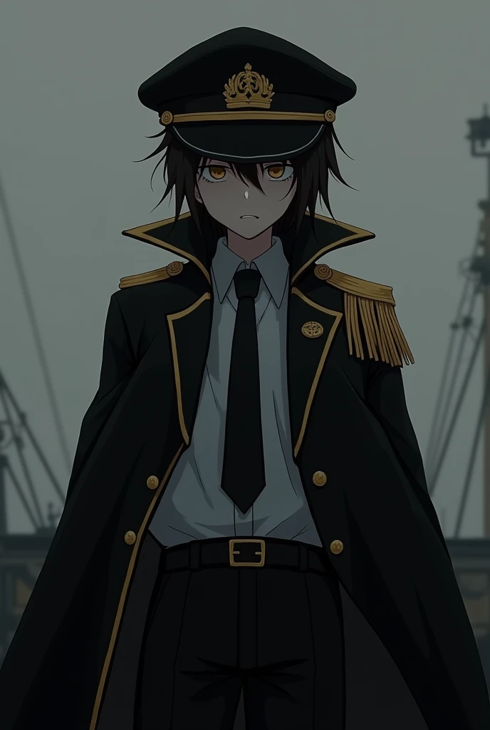 depressed captain anime with a black and gold Black Captain Jacket with a white shirt inside and a black tie and gold captain hat the face is covered with shadow and the Black gold Captain's Cloak hanging on the back