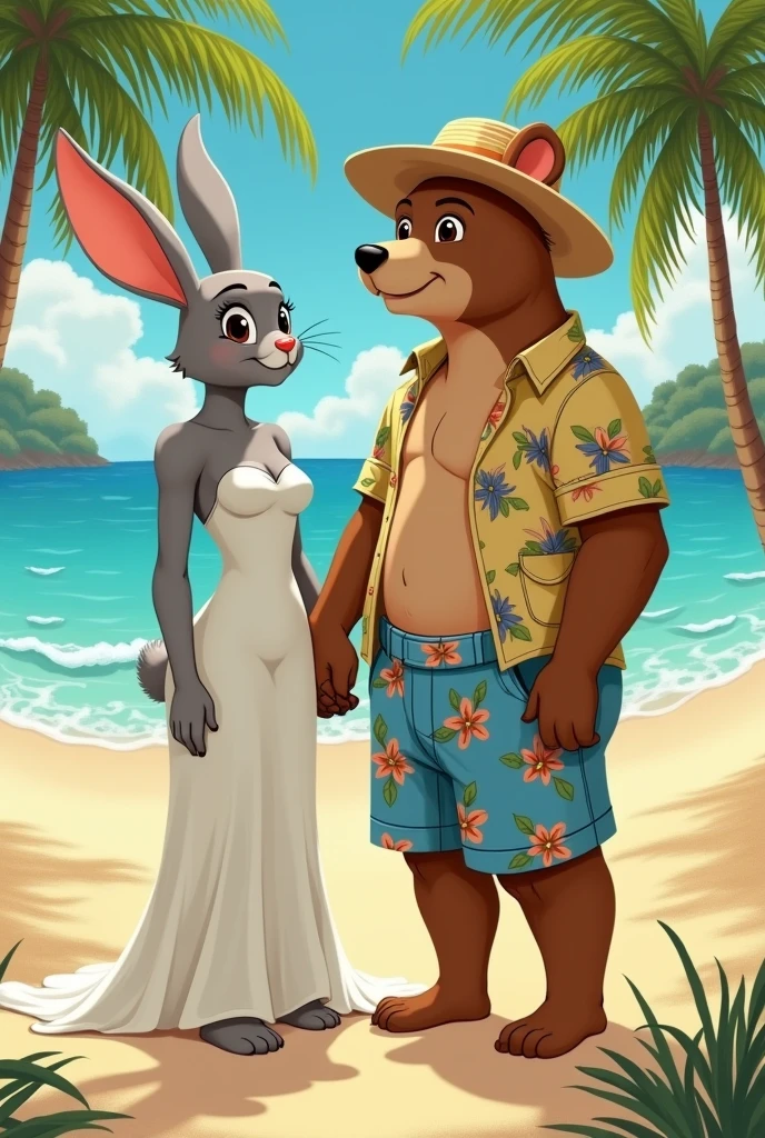 Coneja adoliscente ALTA, cuerpo sexi COLOR GRIS parada CON vistido largp blanco, IN, Ojos marronis claros, EN INN PAISAJE playero, istilo Disney , palms, Coloris cálidos, is. Greg Rutkowski, by Alphonse Mucha. Next to the rabbit is a tall brown bear., slim build with light eyes, pantaloneta color azul con floris, camisa de floris con ropa de playa y sombrero playero. holding hands in a relaxed pose.