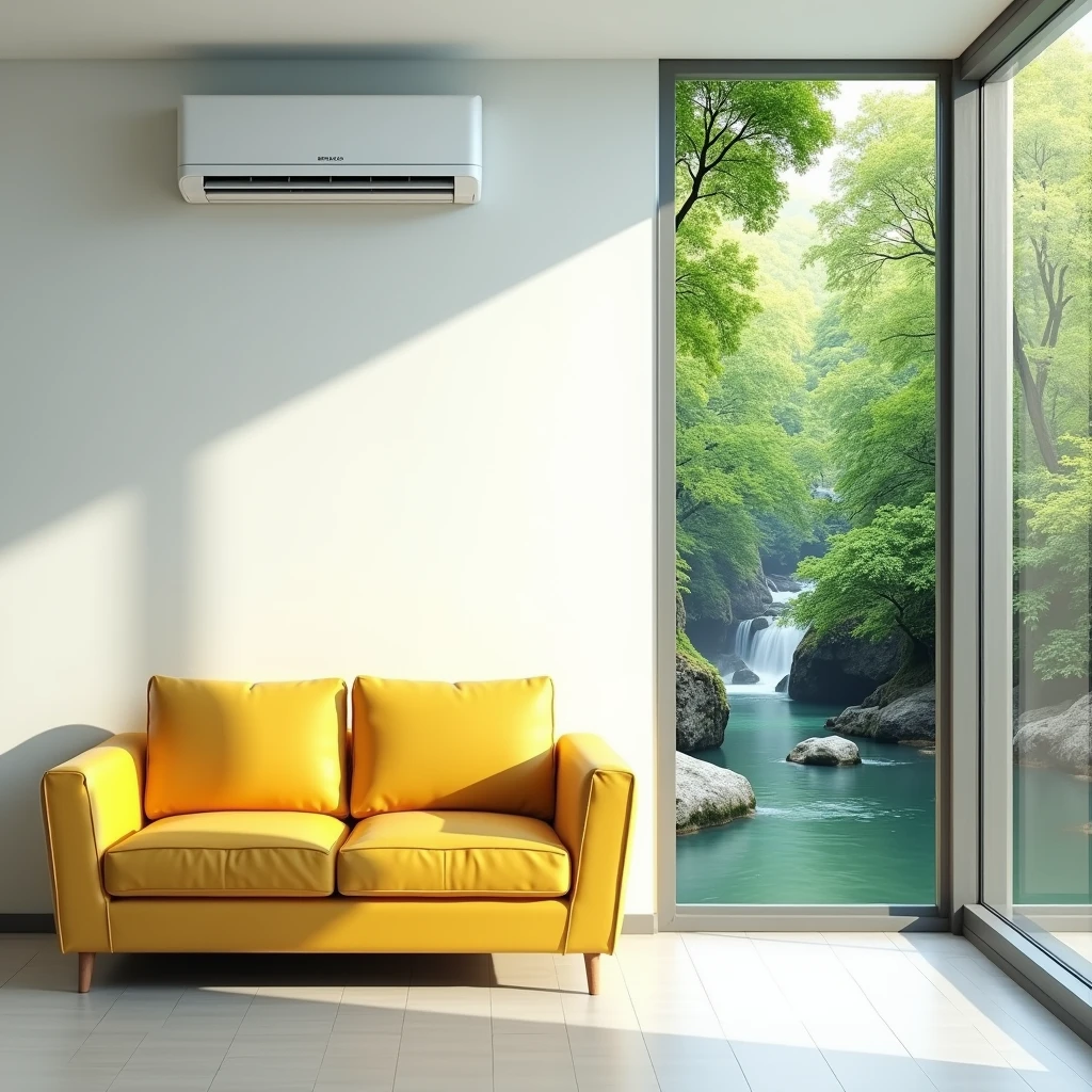 need a 9 by 9 photo with a plain white wall with a wall mount air conditioning with a yellow sofa and from right side of the photo which shows imaginary greenary, river and cool effect. picture should be half living room other half river and greenary