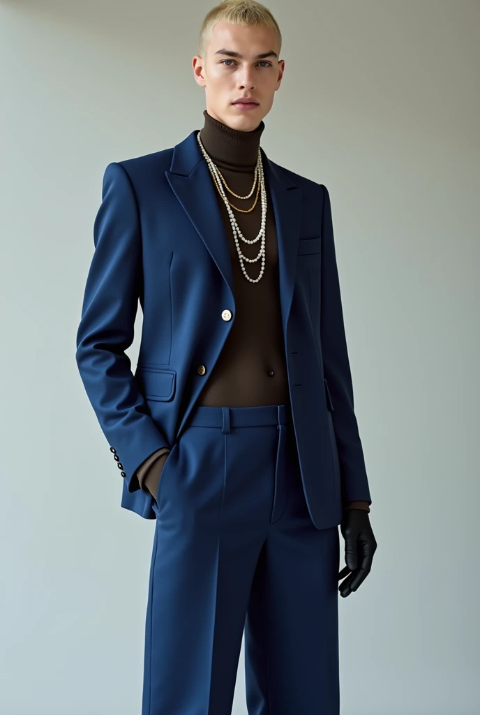 Generate a place with a look presents a **structured blue blazer**, with wide lapel, that highlights the silhouette. The blazer is fitted with a waistband thanks to an outer corset that gives the piece a modern and sophisticated touch.. straight cut pants. The suit and pants should feature minimalist pearl pendants draped over various places on the garment.. With a long-sleeved transparent shirt underneath and transparent gloves made of the same material as the shirt. A minimalist gold pearl necklace. A black mid-calf boot with a pointed toe. Note: the entire look must be made of a blue fabric that is shiny and somewhat dark.. The croquet's hair must have blonde highlights.