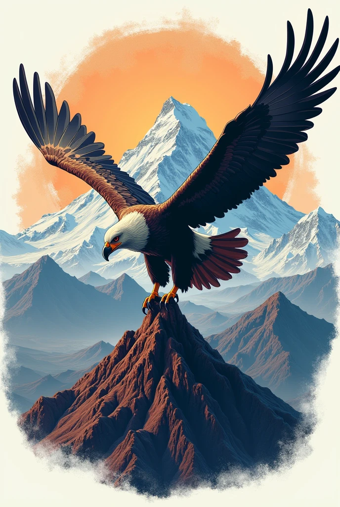 Create a condor logo flying over a snowy volcano to print on a t-shirt