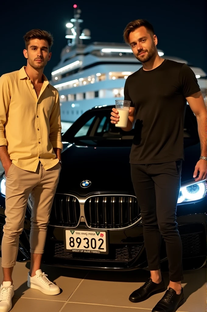 1. Location and Background:
- The photo is taken at night, likely at a marina or luxury dock area.
- In the background, there is a large yacht, brightly illuminated with modern, sleek lighting, creating a striking contrast with the night sky.
- The yacht's lights give off a sophisticated ambiance, reflecting on the water and highlighting the luxurious setting.
2. The Car:
- In the foreground, there's a sleek, black BMW sports car parked directly in front of the two men.
- The car has a glossy finish, which reflects the lights from the surrounding area, adding to its polished appearance.
- The car's front grille is prominently displayed, featuring the BMW logo in the center.
- The license plate is visible and reads "8302," with a European-style design, suggesting a possible location in Europe.
3. The Men:
- Man on the Left:
- He is standing to the left of the car, wearing a loose-fitting, light yellow or beige long-sleeve shirt, which is casually buttoned up.
- He pairs this with cropped beige or light tan pants that end just above his ankles.
- On his feet, he wears white, low-cut sneakers, which match the casual yet stylish look.
- His hair is medium length, slightly tousled, and he has a serious or neutral expression on his face.
- In his right hand, he holds a glass bottle tilted downward, pouring liquid (possibly milk) onto the ground.
- Man on the Right:
- He is standing to the right of the car, dressed in an all-black outfit, consisting of a fitted black t-shirt and skinny black pants.
- He is wearing black sneakers, completing the monochromatic look.
- His hair is slightly shorter than the man on the left, styled neatly.
- He has a more relaxed expression, perhaps with a hint of a smile.
- In his right hand, he holds a metallic or glass cup, also tilted downward, pouring liquid (again, possibly milk) onto the ground.
4. The Ground:
- The ground appears to be a smooth, paved su