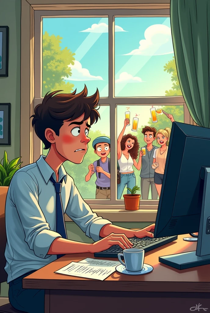 A cartoon of a teenage boy trader with a graph sitting and looking out the window at his friends who are drinking alcohol.