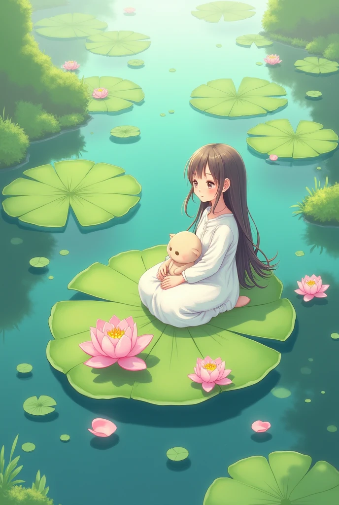 There is a girl sitting on a leaf, (white clothes), fresh color scheme, there is a plush toy, Guvez style artwork, popular on cgstation, illustrated by Li Song, soft anime, lying on a water lily mat, sitting on a lotus flower, cute and meticulous digital art, cute art style, in the pond, Yang J, cute digital art, Guvitz, sitting by the pond