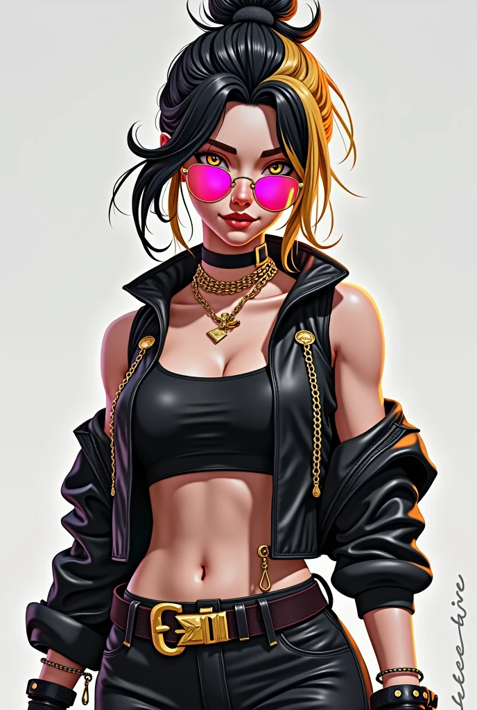 Free Fire game style female character, with black and gold hair half tied up and half loose on top of her head, wearing a black crop top, and a black vest with chains without sleeves open in the front with a tie, Black Skirt,wearing pink sunglasses