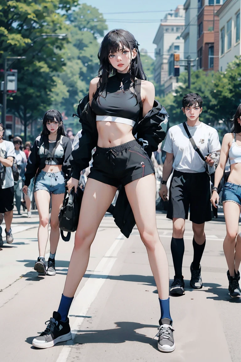 Large Breasts, Sexy 25 year old woman, Blue Long Hair, Sports bra and shorts, Small shorts, boy shorts, Spandex Shorts, Short shorts, knee high shoes下, below the knee shoes下, athletic stripes (shoes下), Snakes,shoes, sneakers, Are standing, Photo pose, Frivolous, whole body, Crowded street, Good quality, 4K, masterpiece, pin up