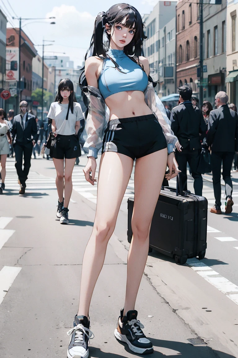 Large Breasts, Sexy 25 year old woman, Blue Long Hair, Sports bra and shorts, Small shorts, boy shorts, Spandex Shorts, Short shorts, knee high shoes下, below the knee shoes下, athletic stripes (shoes下), Snakes,shoes, sneakers, Are standing, Photo pose, Frivolous, whole body, Crowded street, Good quality, 4K, masterpiece, pin up