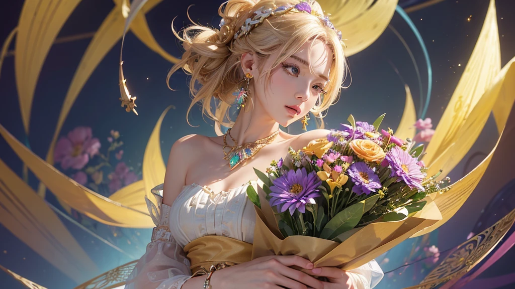 32K, 最高quality, 最高masterpiece, (ultra-Detailed Background, Detailed Background), High resolution, Super detailed, Very detailedな, 1 personの, (bouquet:1.3), (Tangled:1.2), (Geometric:1.2),(colorful),(masterpiece, quality, best quality, Official Art, Beautiful and beautiful:1.2), (1 person:1.3), Very detailed,(colorful:1.1)(Flowers:1.3),Most detailed,(Tangled:1.2), whole body, (Abstract background:1.3), (Skin glows), (Many colors:1.4), ,(Earrings Jewelry:1.5), Pale yellow background, It's imaginative., Milk tea colored hair, Updo,