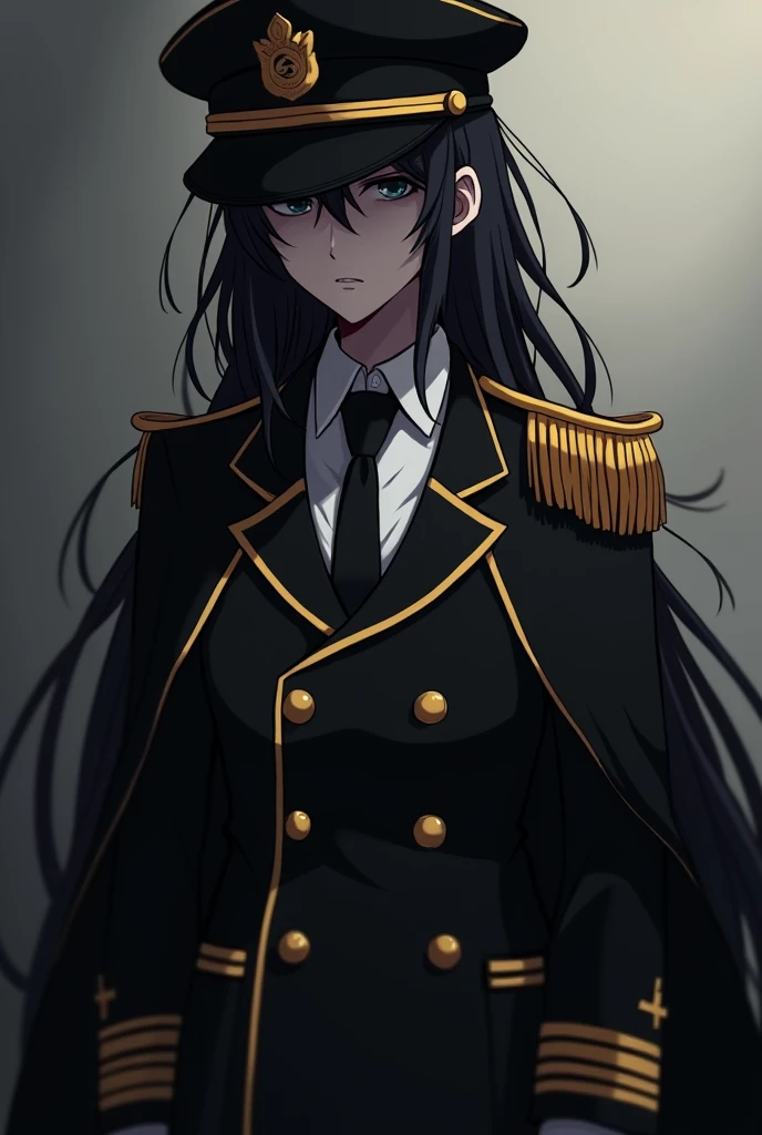 depressed  captain anime with a black and gold Black Captain Jacket with a white shirt inside and a black tie and gold captain hat the face is covered with shadow and the Black gold Captain's Cloak hanging on the back


