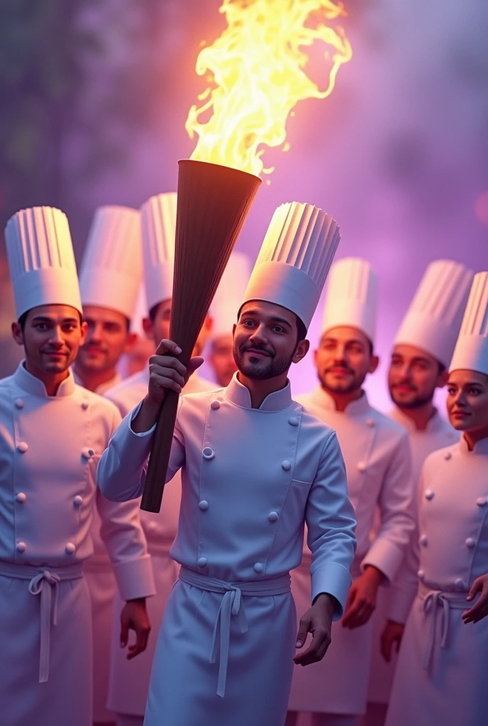 Chefs carrying the Olympic torch in purple and white to say good luck to culinary athletes