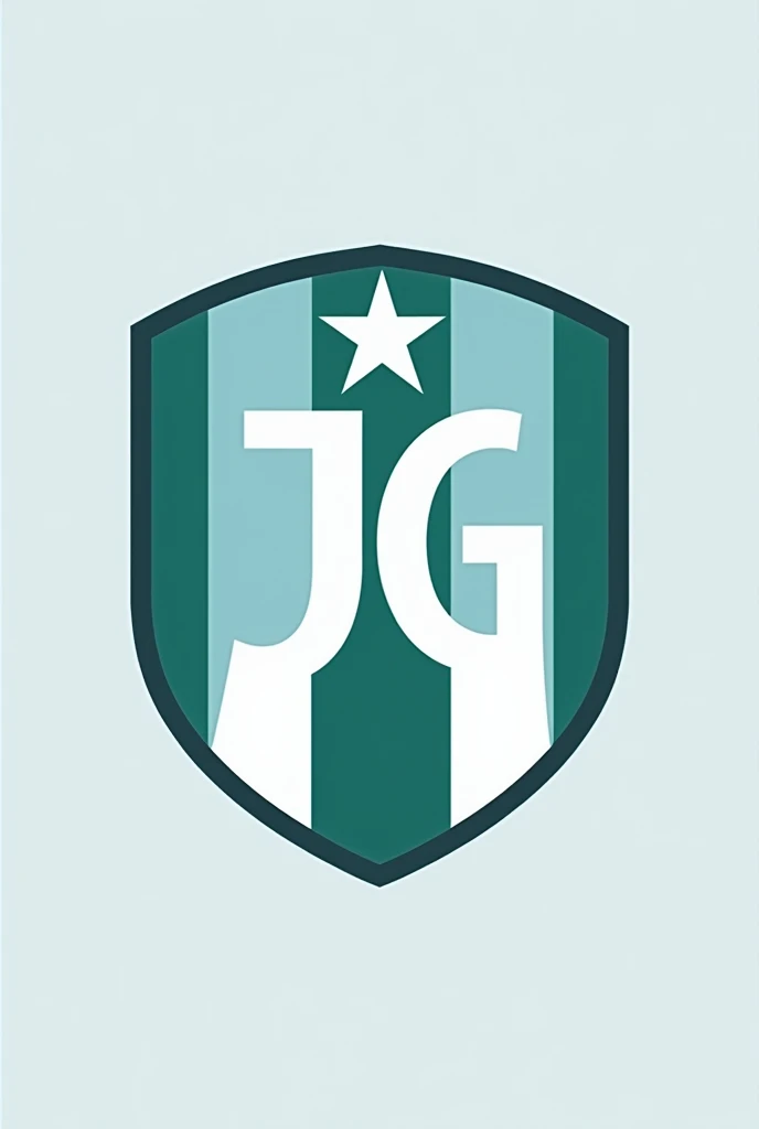 Can you create a football shield for me with 3 stripes inside it that are light blue, white and green that has the initials JG and has a star above it? 