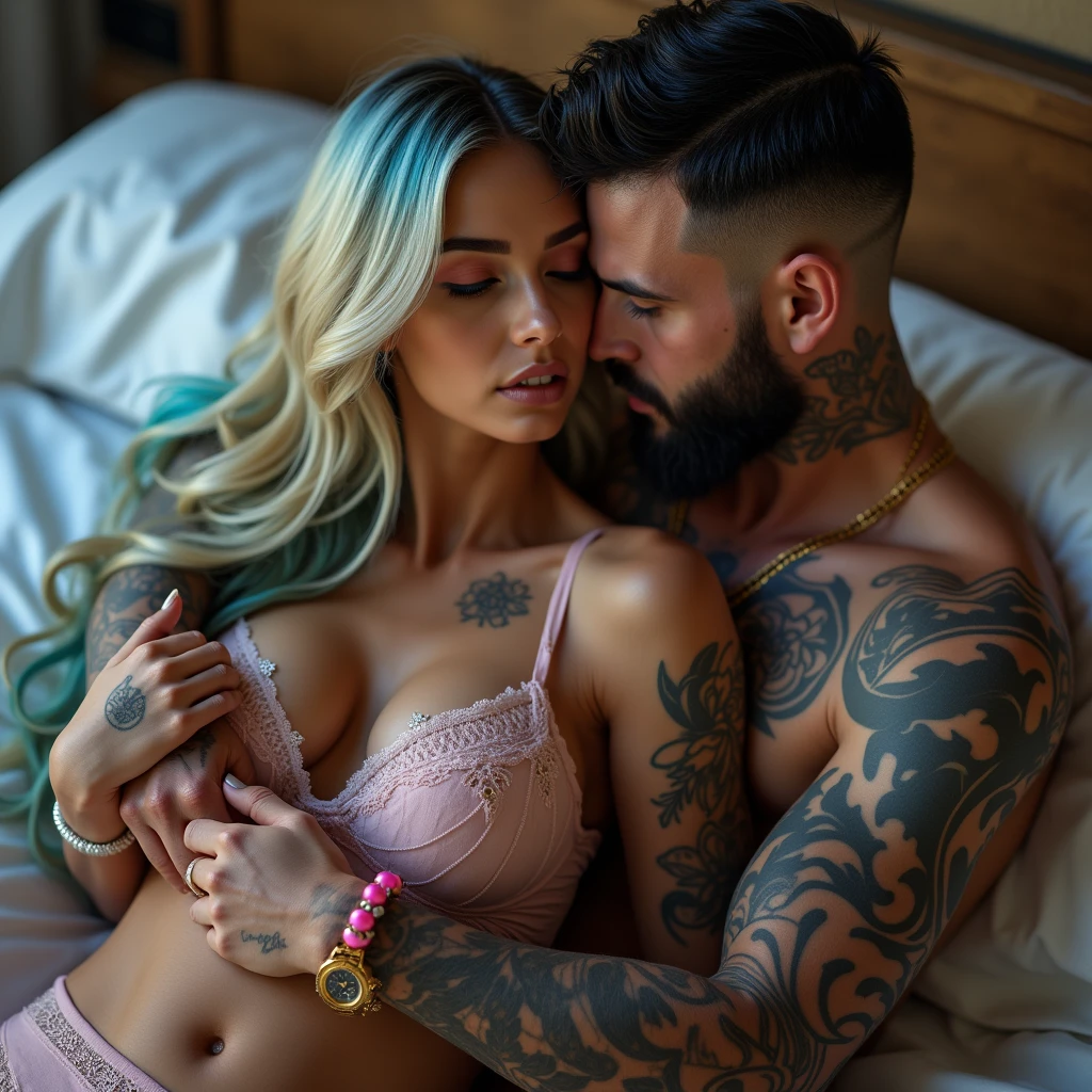 High resolution, multiple views, vivid, hd, zoomed out, a gorgeous, Caucasian woman, long blonde hair with blue hair ends, beautiful makeup and contour, tattoos, “Eli” tattoo on collarbone, big breasts, seductively kissing on a bed, wearing lace lingere, pink pandora charm bracelet on wrist, kissing a handsome white man with jet black hair with skin fade, short black beard, tattoos, hickies on neck, athletic build, gold rolex watch on wrist, muscles, no pants, hand gripping her waist