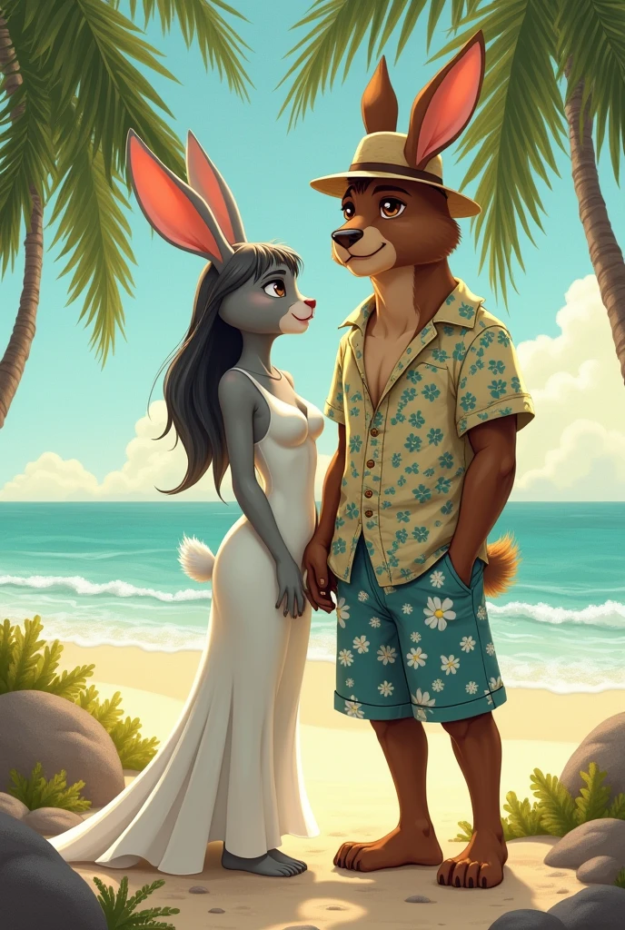 Coneja adoliscente ALTA, cuerpo sexi COLOR GRIS parada CON vistido largp blanco, IN, Ojos marronis claros, EN INN PAISAJE playero, istilo Disney , palms, Coloris cálidos, is. Greg Rutkowski, by Alphonse Mucha. Next to the rabbit is a tall brown bear., slim build with light eyes, pantaloneta color azul con floris, camisa de floris con ropa de playa y sombrero playero. holding hands in a relaxed pose. 