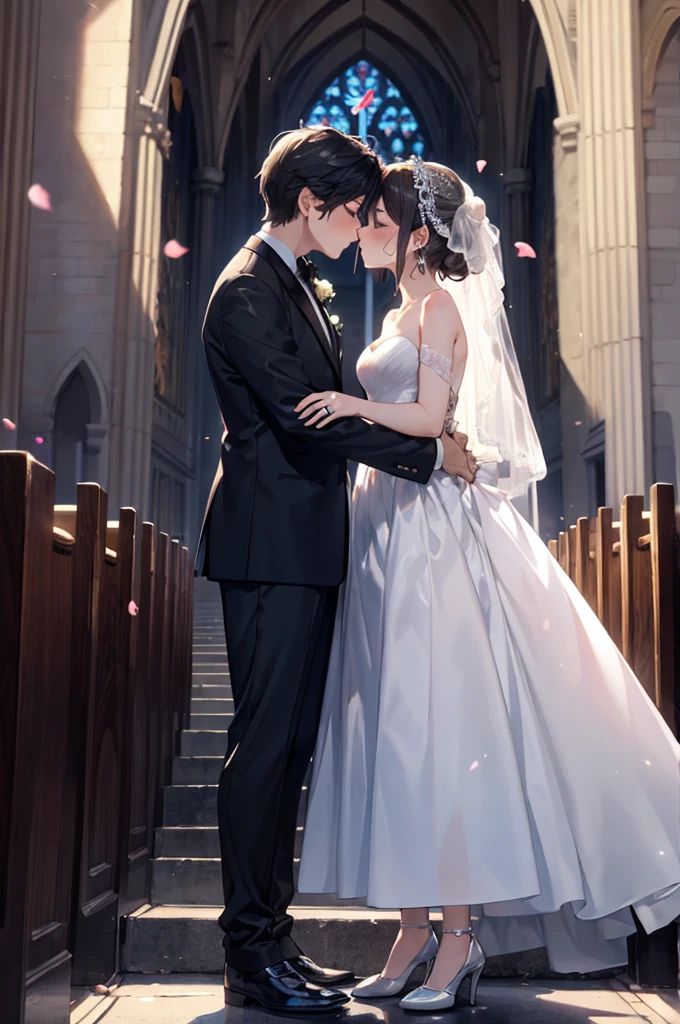 (masterpiece), 4K,{{{2 women}}}, Wedding dress,tuxedo,Lesbian,shoes,Random hairstyle,headgear, wedding,church,牧師の前で誓いのkiss,kiss,Angle from a distance