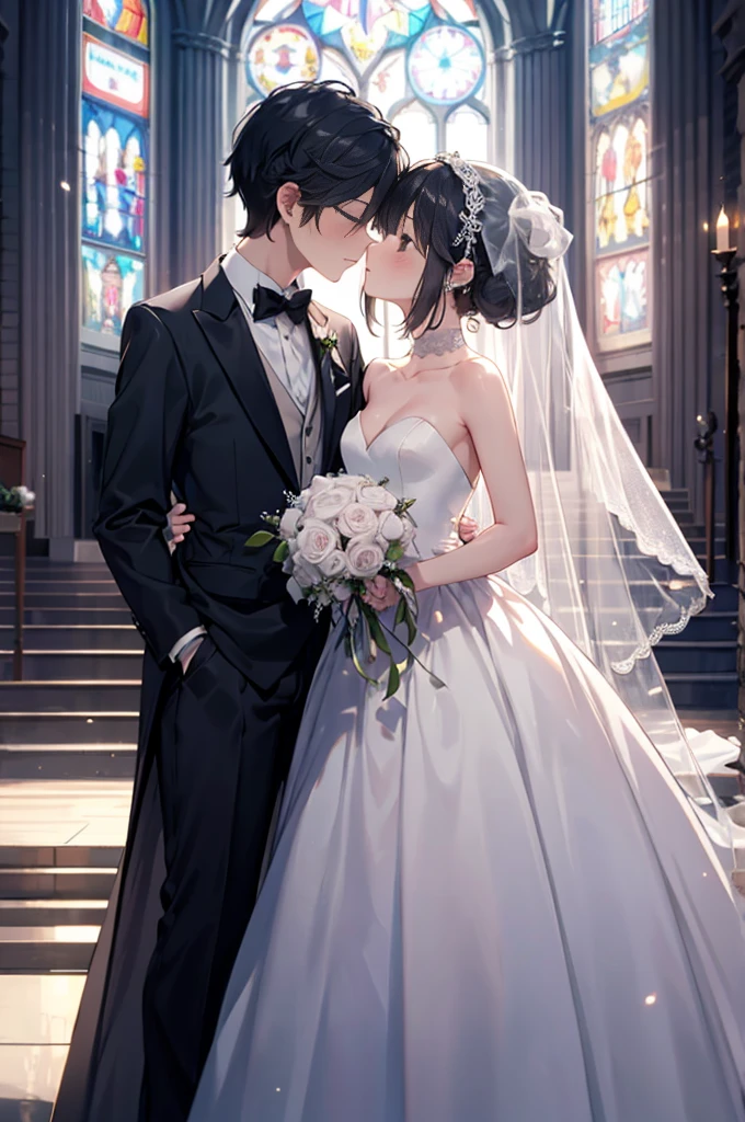 (masterpiece), 4K,{{{2 women}}}, Wedding dress,tuxedo,Lesbian,shoes,Random hairstyle,headgear, wedding,church,牧師の前で誓いのkiss,kiss,Angle from a distance