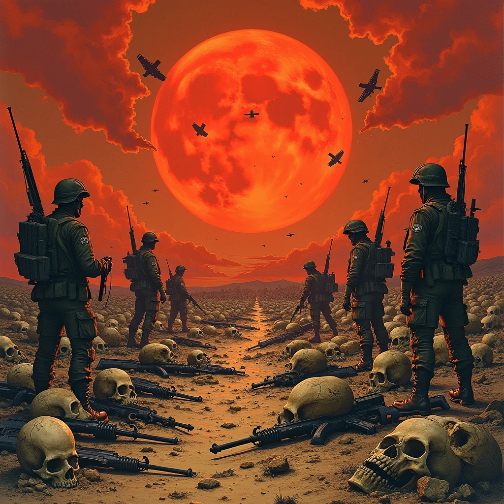 Thrash metal album cover about civil war, the sky turned from orange to blood red, with a blood moon.  the ground was barren, without a tree, enemy planes were dropping bombs in the sky, the dead soldiers turned into skeletons and lay scattered everywhere, skulls everywhere, guns were thrown everywhere, the unstable and distorted composition clearly depicts the excitement and fear of war