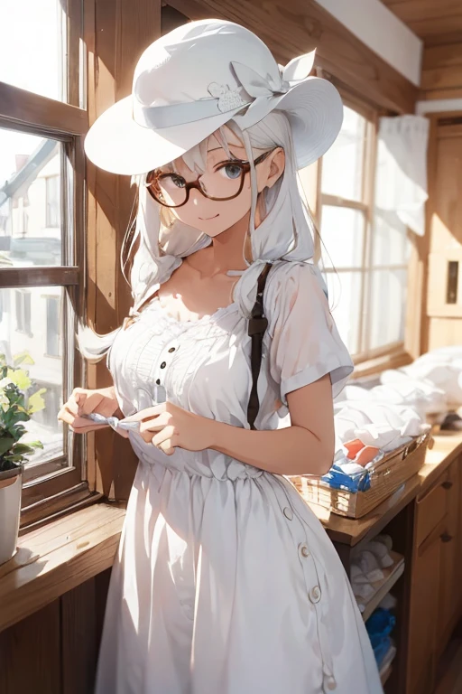 1 female,  , playing dolls, white long hair, glasses, white dress, summer hat, in home