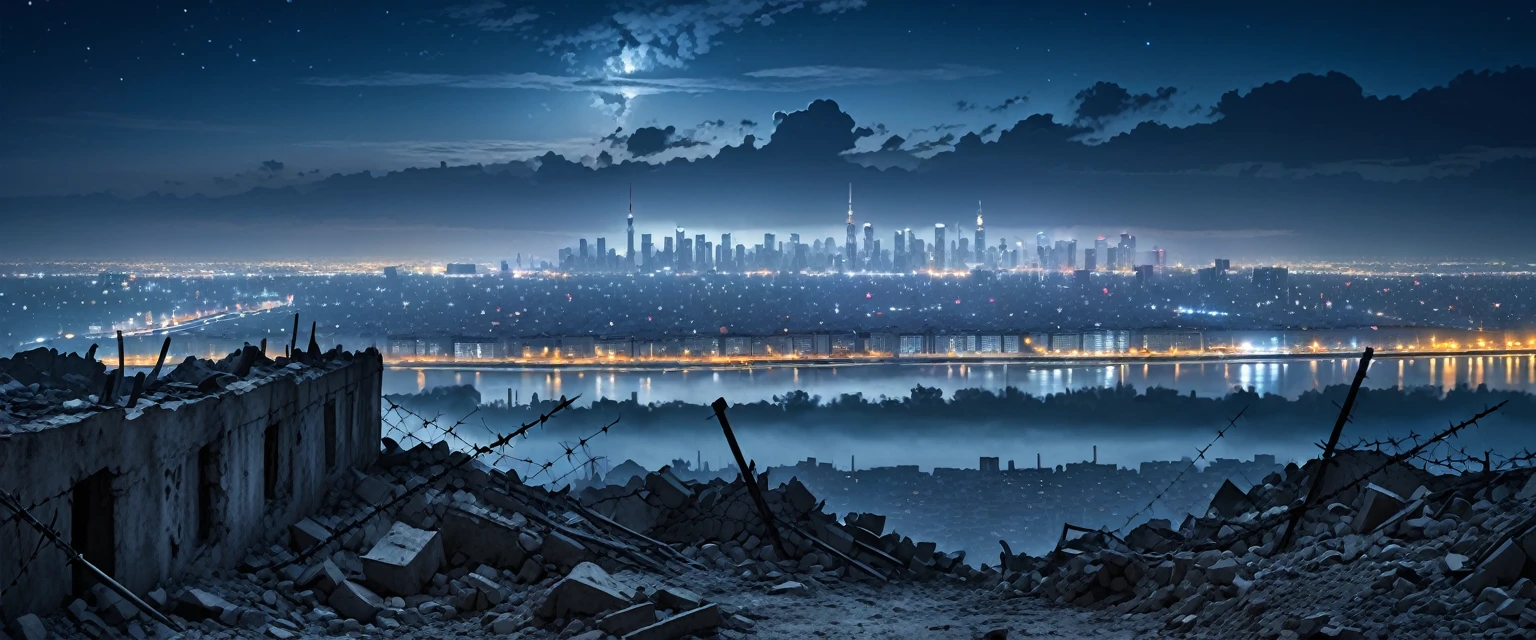 ruins of the destroyed city, high concrete wall with barbed wire, smog, Skyscrapers in the distance, big deep sky, at night