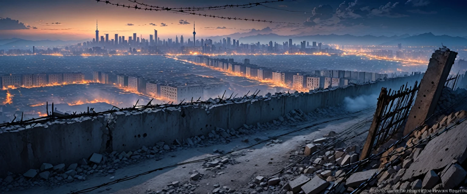 ruins of the destroyed city, high concrete wall with barbed wire, smog, Skyscrapers in the distance, big deep sky, at night
