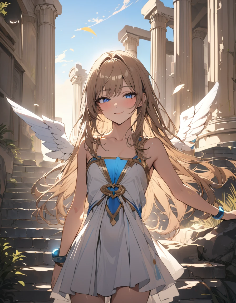 (masterpiece)、(absurdres)、(ultra detailed)、(8k),angel wing:1.2,floating angel feathers:1.3,(backlighting:0.9),Ancient Greek temples:0.9、half-closed eyes,closed mouth,smile,cowboy shot,(solo lady),(dark blonde hair:1.2),(straight long hair:1.1),BREAK,shiny blue eyes,BREAK,(athletic),(flat chest),(Pierce:0.9),(bracelet:0.8),(Greece costume),(Diamond Circlet)