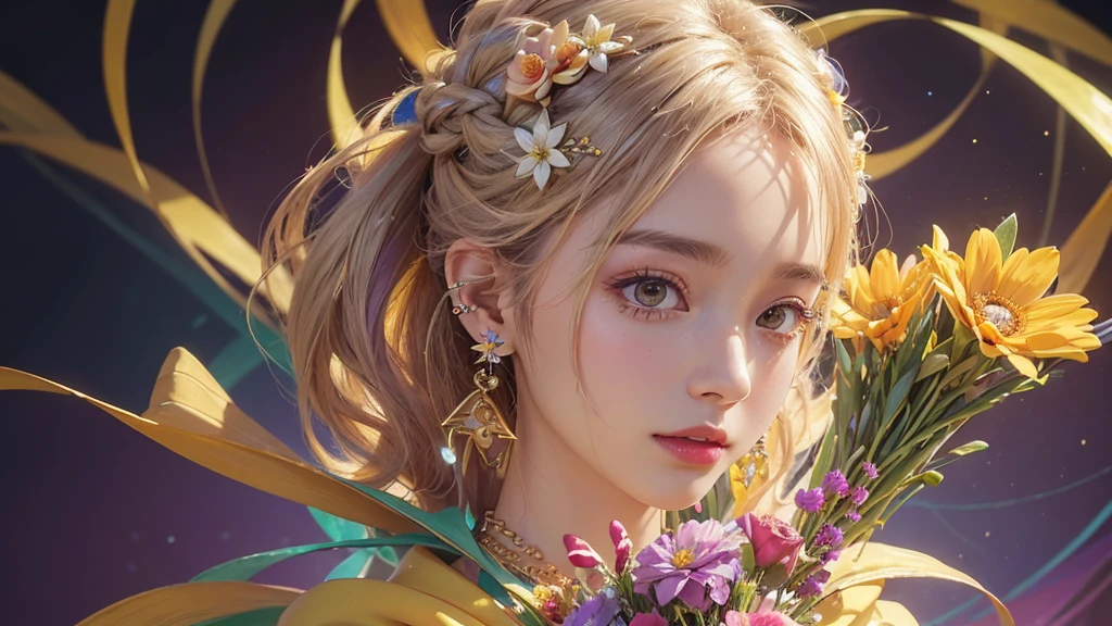 32K, 最高quality, 最高masterpiece, (ultra-Detailed Background, Detailed Background), High resolution, Super detailed, Very detailedな, 1 personの, (bouquet:1.3), (Tangled:1.2), (Geometric:1.2),(colorful),(masterpiece, quality, best quality, Official Art, Beautiful and beautiful:1.2), (1 person:1.3), Very detailed,(colorful:1.1)(Flowers:1.3),Most detailed,(Tangled:1.2), whole body, (Abstract background:1.3), (Skin glows), (Many colors:1.4), ,(Earrings Jewelry:1.5), Pale yellow background, It's imaginative., Milk tea colored hair, Updo,