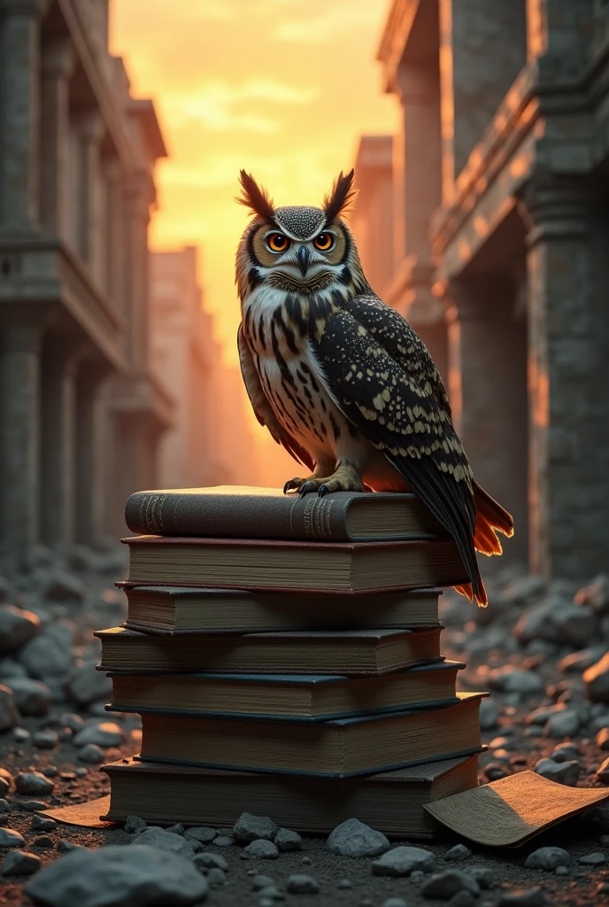 Image with a twilight dark orange color background, with an owl and philosophy books in the middle of ruined buildings