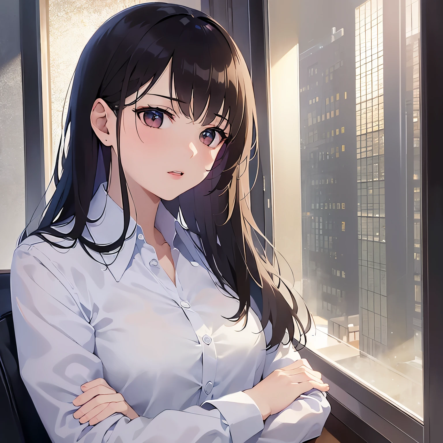 (looking away:1.5)Upper Body,(Side shot:1.5)、Arms crossed、
Realistic, real person, (pale skin: 1.2), RAW photo, photorealistic, shiny skin, shiny hair、(A 25-year-old woman with medium-length hair and bangs) and (wavy hair) and (brown hair) and (orange eyes) ,
(white collared shirt:1.5),
Serious、open mouth,The background is the conference room、(alone:1.5)