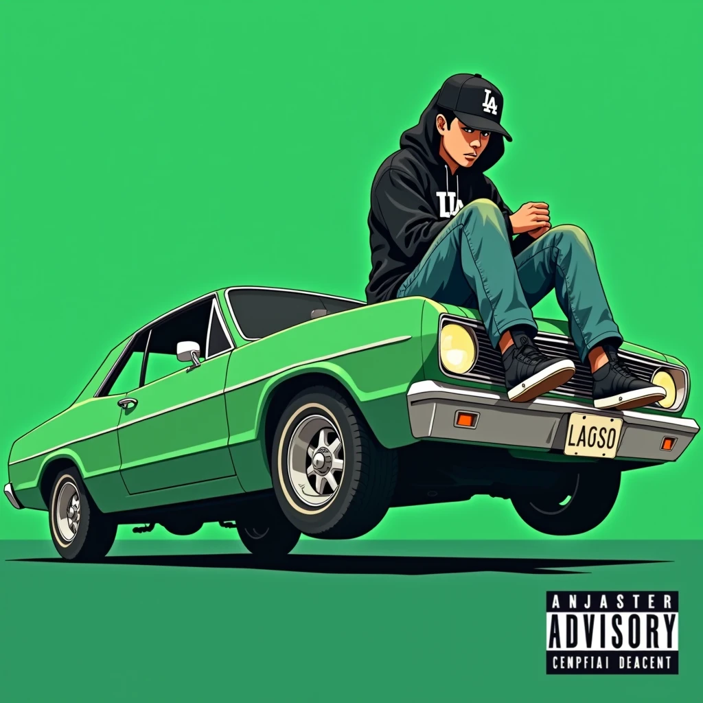 
Image of a man sitting on the bonnet of a car, Yoshihiko Wada&#39;s album cover, winner of the behance contest, Doodle, official artwork, rap album cover, hip - hop album art cover, colored album art, hip hop music album cover, rap album cover art, official fanart, GTA Cover, hip hop album cover, album art cover, G-FUNK Hip Hop album cover, green background, green car, with the words 'If WONA behemes a gangster' on the back of the picture, an Asian teenager wearing a black LA hoodie, a black LA ball cap with a deep press and a wide pair of jeans down, a troublemaker boy sits on the bonnet of a car and lets the car out to the side