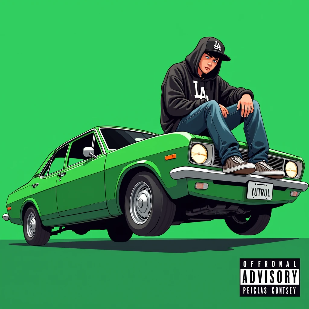 
Image of a man sitting on the bonnet of a car, Yoshihiko Wada&#39;s album cover, winner of the behance contest, Doodle, official artwork, rap album cover, hip - hop album art cover, colored album art, hip hop music album cover, rap album cover art, official fanart, GTA Cover, hip hop album cover, album art cover, G-FUNK Hip Hop album cover, green background, green car, with the words 'If WONA behemes a gangster' on the back of the picture, an Asian teenager wearing a black LA hoodie, a black LA ball cap with a deep press and a wide pair of jeans down, a troublemaker boy sits on the bonnet of a car and lets the car out to the side