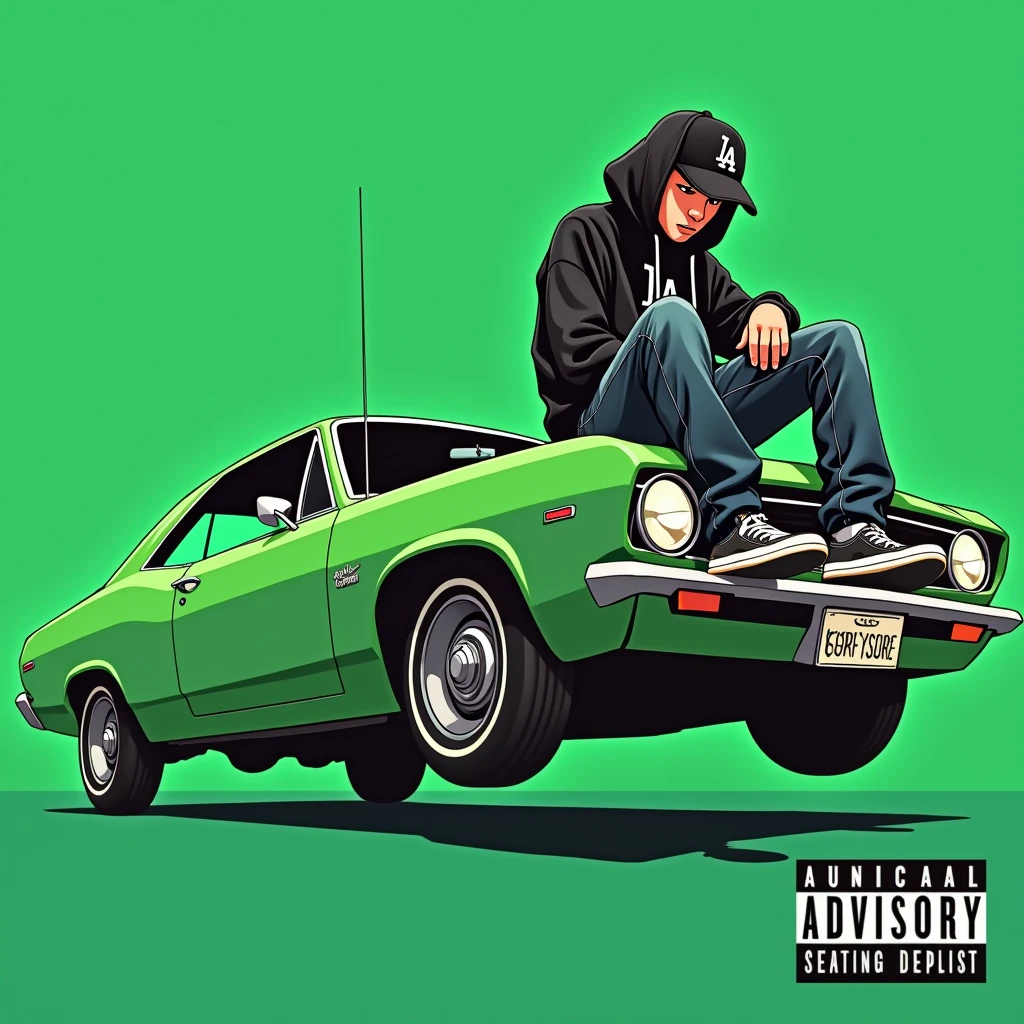 
Image of a man sitting on the bonnet of a car, Yoshihiko Wada&#39;s album cover, winner of the behance contest, Doodle, official artwork, rap album cover, hip - hop album art cover, colored album art, hip hop music album cover, rap album cover art, official fanart, GTA Cover, hip hop album cover, album art cover, G-FUNK Hip Hop album cover, green background, green car, with the words 'If WONA behemes a gangster' on the back of the picture, an Asian teenager wearing a black LA hoodie, a black LA ball cap with a deep press and a wide pair of jeans down, a troublemaker boy sits on the bonnet of a car and lets the car out to the side