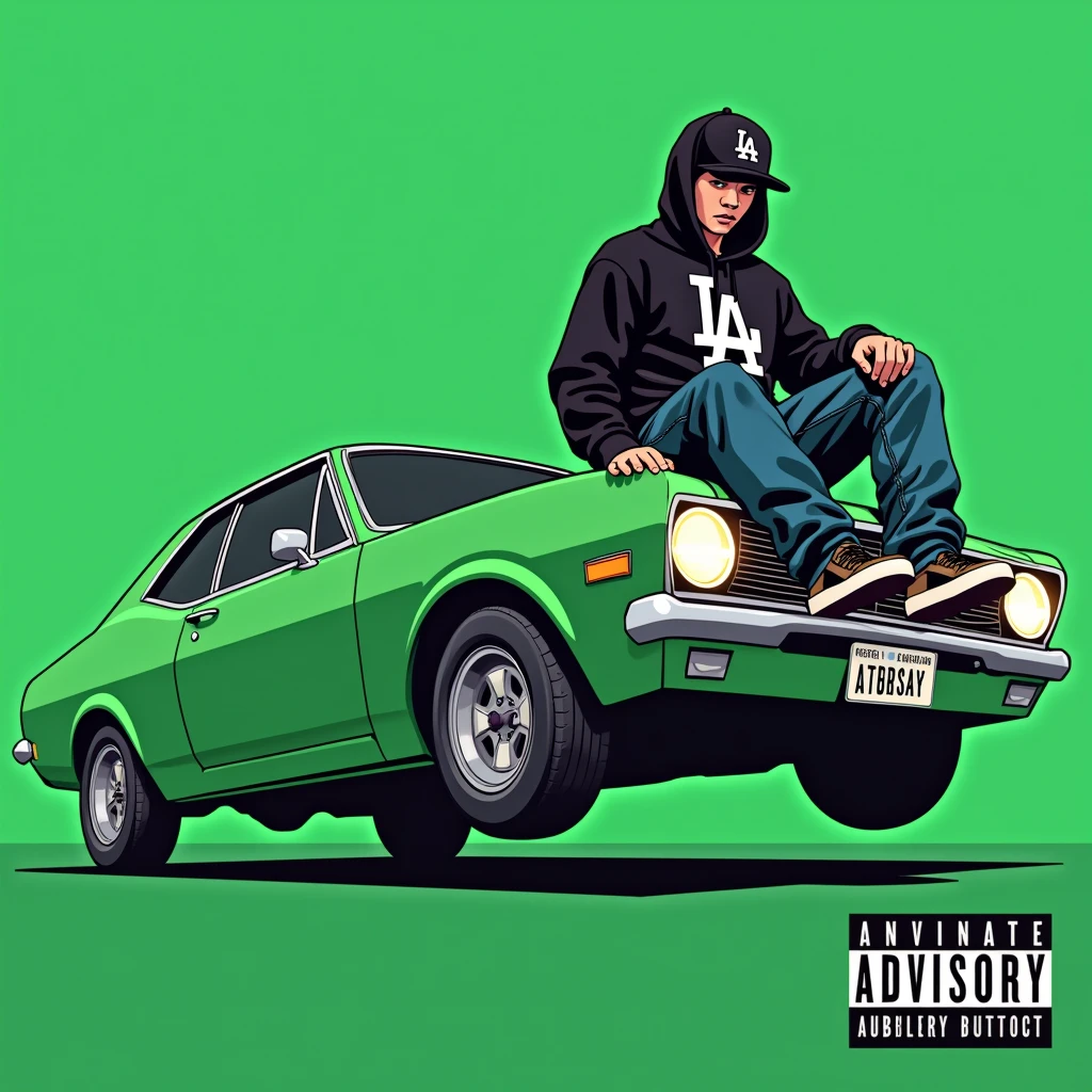 Image of a man sitting on the bonnet of a car, Yoshihiko Wada's album cover, winner of the behance contest, Doodle, official artwork, rap album cover, hip - hop album art cover, colored album art, hip hop music album cover, rap album cover art, official fanart, GTA Cover, hip hop album cover, album art cover, G-FUNK Hip Hop album cover, green background, green car, with the words 'If WONA behemes a gangster' on the back of the picture, an Asian ager wearing a black LA hoodie, a black LA ball cap with a deep press and a wide pair of jeans down, a troublemaker boy sits on the bonnet of a car and lets the car out to the side