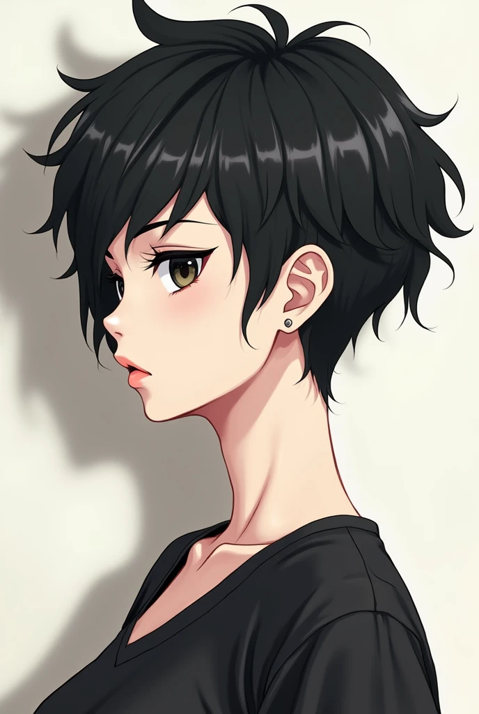 anime styling/white woman drawing, Bullish, very short black hair almost shaved, dark shaped eyes, ear plug