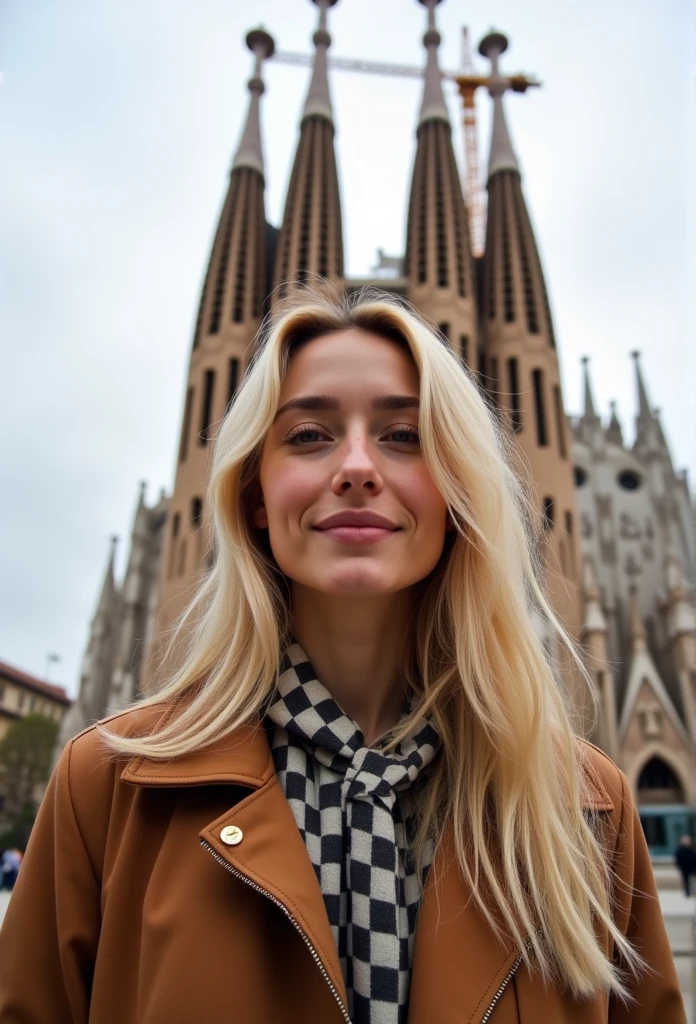 Blonde woman with Scandinavian features in front of the Sagrada Familia in Barcelona